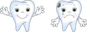 2 animated teeth, one as a happy and regular tooth, the other one is sad and damaged, and as the header image of 