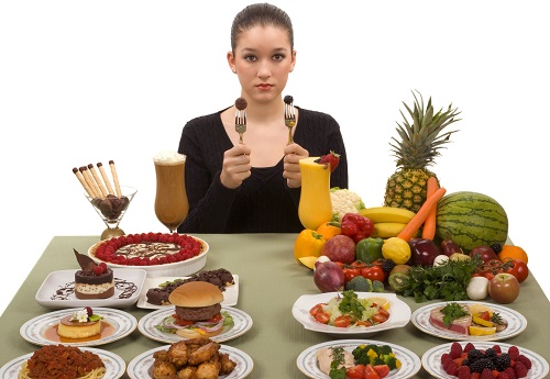 A woman sitting on a table with lots of foods and that represents the 